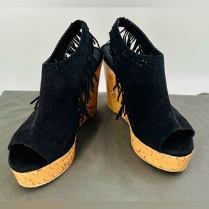 Olivia Miller Fringe Peep Toe Cutout Cork Wedge Sandals Black Microsuede